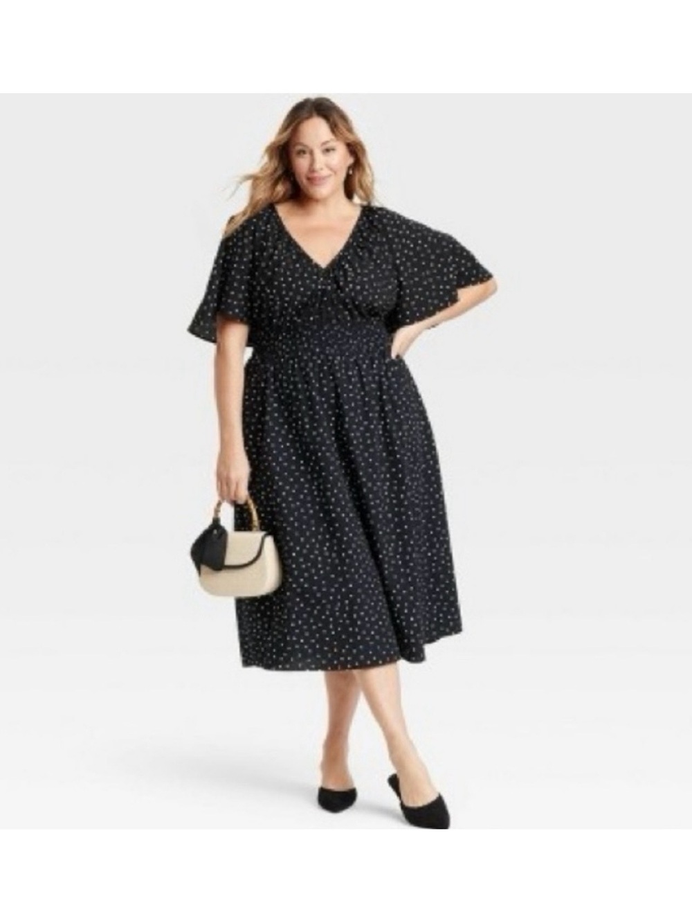 Ava & Viv Black Polka Heart Midi Dress Flutter Sleeves 2X 100% cotton Feminine